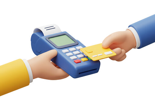 Cartoon hands using a credit card for a contactless payment transaction at a POS terminal.