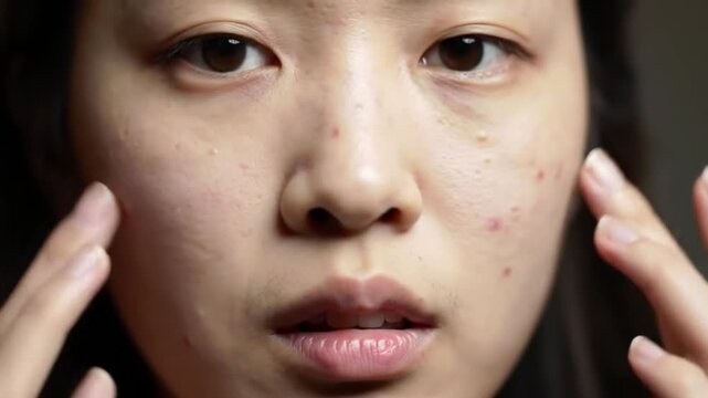 Close-up video of asian woman's face showcasing acne prone skin and touching face
