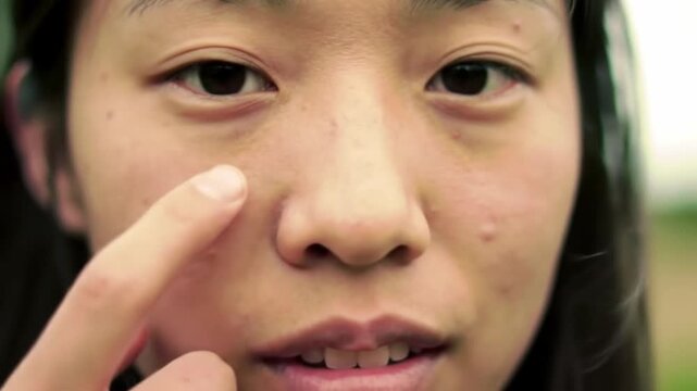 Close-up View of Young Asian Woman's Skincare Routine: Under Eye Area Massage and Beauty Tips