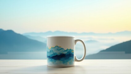 Mug with watercolor mountain design sits on a wooden table with misty mountains behind