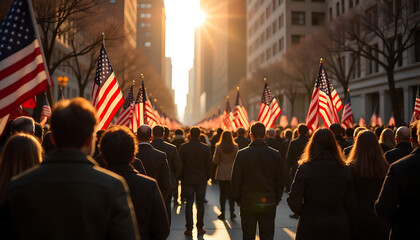 Crowd of people marching with many American flags along a city street. 4k and HD image