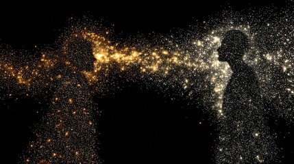 2 つのシルエット間の抽象的な磁力と、引力を示す光る粒子。