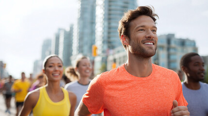 Smiling man runs in a race, focusing ahead with urban skyscrapers in the background. Represents motivation, health, community, and urban lifestyle.