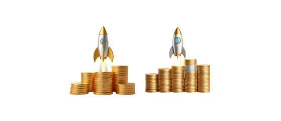 3D illustration of a golden rocket with a pile of gold coins on a white background