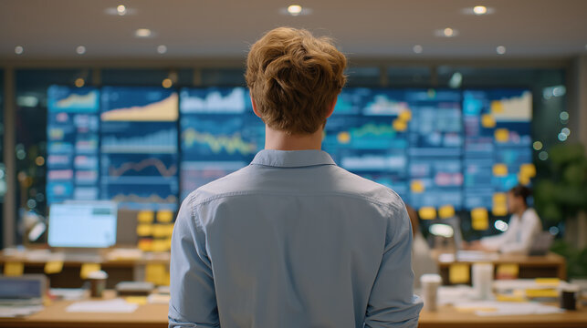 A marketing intern tracks campaign metrics in an office with dashboards glowing sticky notes on monitors coffee cups piling and a team reviewing ad performance captured in a