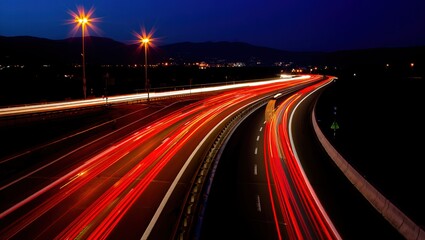 Long exposure of night highway with glowing light trails, symbolizing motion, speed, and modern urban life.