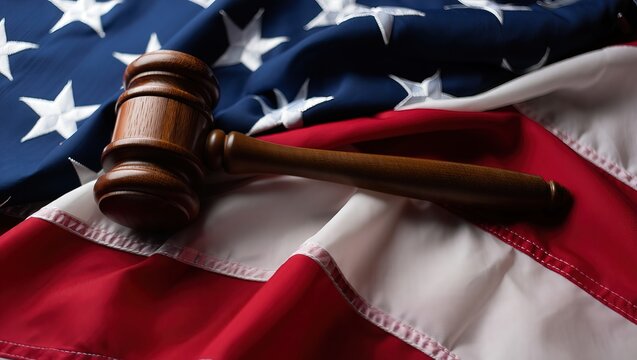 Wooden gavel against American flag, symbolizing justice, law, and the legal system in the United States. - Powered by Adobe