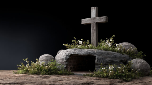 A solemn Holy Saturday scene with a cross and tomb, symbolizing Christian observance, Holy Saturday, sacred tomb, resurrection anticipation, spiritual reflection, biblical moment