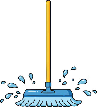 Cartoon mop dances with water droplets