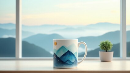 Mug with mountain design on windowsill with scenic mountain view
