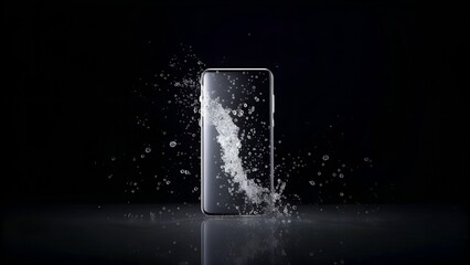 dynamic water splash around sleek smartphone on dark background