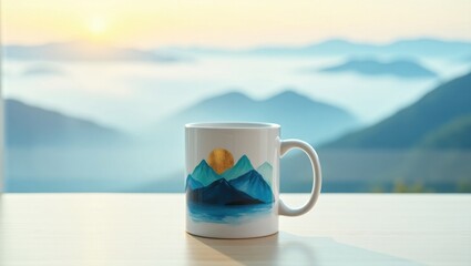 Mug with mountain landscape painting sits on a table overlooking misty mountains at sunrise