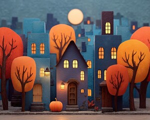 3D cartoon style Halloween background with mansion and pumpkin