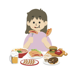暴飲暴食する女性のイラスト