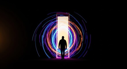 Silhouette exploring the portal of luminous energy on a dark stage backdrop