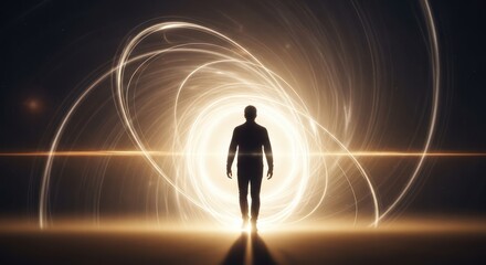 Fototapeta premium Silhouette Man Walking Towards Light Portal with Luminous Energy Swirls