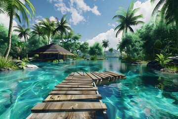 Obraz premium Tropical Paradise Landscape with Palm Trees and Blue Sky Reflected in Serene Lagoon