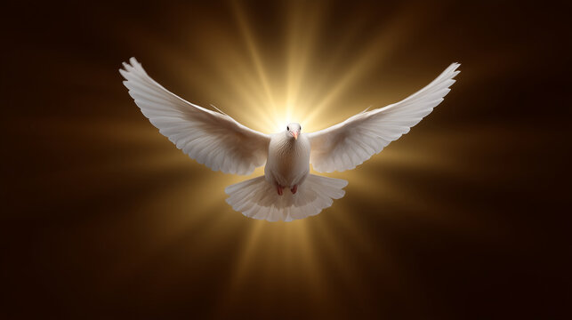 A fiery dove descending with a halo and shimmering rays, symbolizing Pentecost, Pentecost dove, biblical spirit, divine light, spiritual glow, sacred event