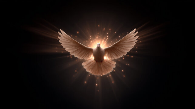 A fiery dove descending with a halo and shimmering rays, symbolizing Pentecost, Pentecost dove, biblical spirit, divine light, spiritual glow, sacred event