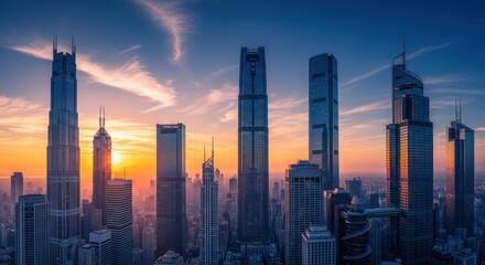 Naklejka premium Spectacular cityscape view of Shanghai skyscrapers against a vibrant sunset skyline