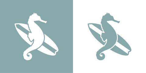 Logo club de surf. Silueta de caballo de mar con tabla de surf	