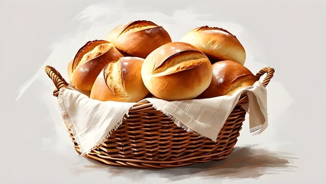 A basket filled with traditional Brazilian bread known as French Bread Cacetinho, a classic element of Brazilian cuisine, set against a plain white background.
