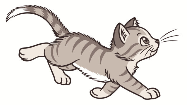 Cute cartoon tabby kitten running illustration for kids books and animal themed designs and vector graphics