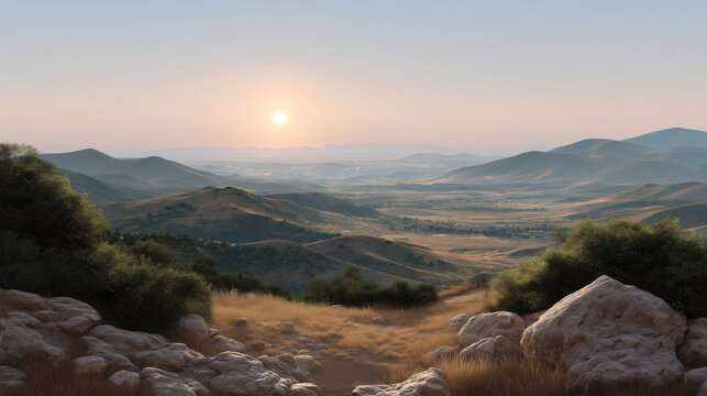 A sun-kissed landscape of hills and valleys, evoking the promised land from Nebo, promised land, biblical landscape, spiritual abundance, divine vista, historical faith