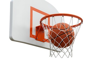 ​A basketball is captured mid-air as it passes through a hoop and net