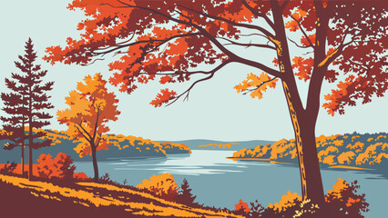 Vibrant Autumn Lake Landscape with Golden and Red Fall Foliage. Serene Nature Scene with Colorful Trees Reflected in Calm Water Under a Clear Sky.