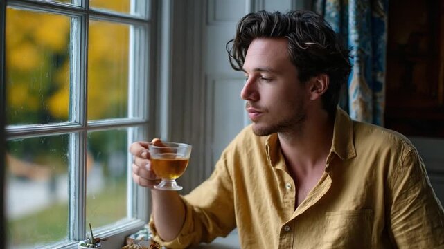 Solitude and Serenity: A man finds peaceful reflection as he gazes through a window, a warm drink in hand, immersing himself in tranquil moments.