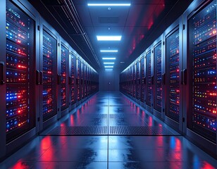 Fototapeta premium Neon Silence: A Cinematic Glimpse into a Shadowed Server Room with Cyberpunk Energy