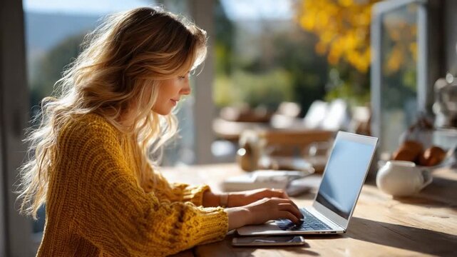Work-Life Balance: A woman with wavy blond hair working on her laptop with sunlight streaming through the window, illustrating the modern concept of a balanced lifestyle. 