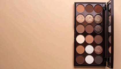Brown makeup palette with neutral eyeshadows, side view, on beige background. Warm hues and matte finishes. Soft, elegant, and contemporary beauty image