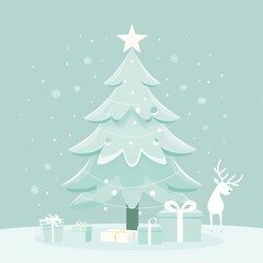 Naklejka premium Stylized christmas tree with gifts, deer, and snowflakes on a snowy day vector illustration Generative AI