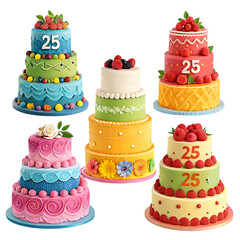Five colorful tiered birthday cakes with number 25 decorations isolated on transparent background