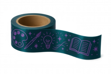 Decorative turquoise washi tape displaying art, literature symbols - paintbrush, palette, lightbulb, open book - unrolling on transparent backdrop