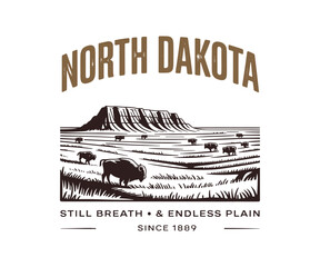 A Vintage Illustration Showcasing the Great Plains of North Dakota with Bison and Majestic Landscapes, Capturing the Spirit of the Wild West Since 1889