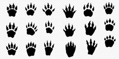 Collection of various animal paw prints in black silhouette on a transparent background.