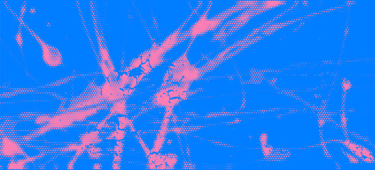 Graffiti punk style grunge banner with distress texture, ink drips and splashes. Blue and pink colored grunge background with hand drawn halftone and brush strokes. Vector graffiti spray texture.