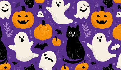 Fototapeta premium This vibrant design showcases a playful Halloween theme featuring smiling pumpkins, whimsical ghosts, and a curious black cat. The bright purple backdrop enhances the festive spirit.