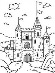 Fototapeta premium Minimilist detailed line art depiction of a castle with towers flags and surrounding clouds and rocky terrain vector