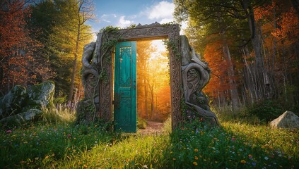 Obraz premium Ornate turquoise door spilling light onto wildflowers in forest clearing with vines, mossy boulders