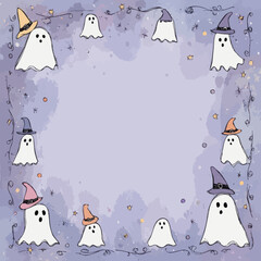 A collection of cute, cartoon-style ghosts wearing colorful witch hats decorates a lavender background, perfect for Halloween-themed projects. The playful design includes stars and swirls.