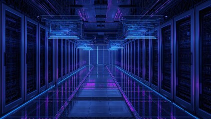Hovering transparent panels casting neon patterns along data center aisle, with server racks