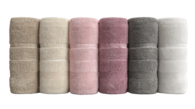 Rolled bath towels in a spectrum of pastel colors