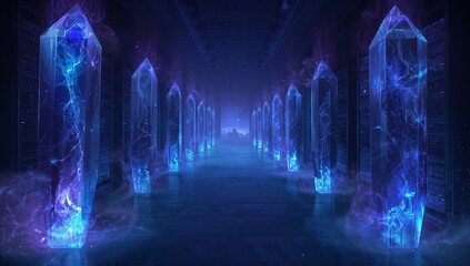Blue crystalline pillars emitting energy arcs in server corridor, with blinking racks and floor