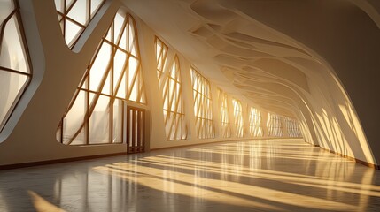Modern, sunlit hall with arched ceilings and large windows