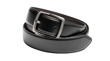 Curved, black and brown leather belt with a metal buckle