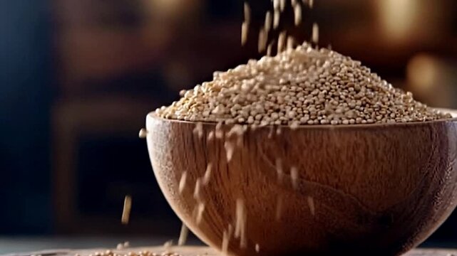 Wooden bowl is overfilled with quinoa seeds Grains fall from above and off the side some grains are on a surface beneath